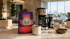 Biscayne Coffee Dark Roast at an organized Miami workplace coffee station.