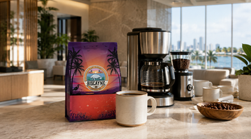 Biscayne Coffee Dark Roast at an organized Miami workplace coffee station.