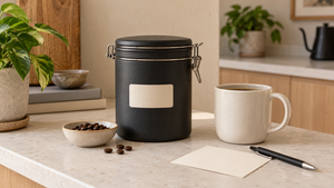 Closed opaque coffee canister beside a ceramic mug, coffee beans and a blank label card in a kitchen.