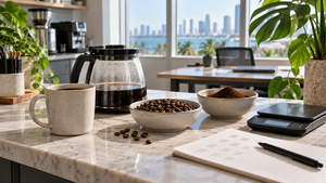 Coffee beans, grounds, scale and carafe at a shared coffee station for planning five-pound coffee use