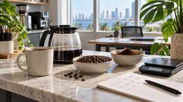 Coffee beans, grounds, scale and carafe at a shared coffee station for planning five-pound coffee use