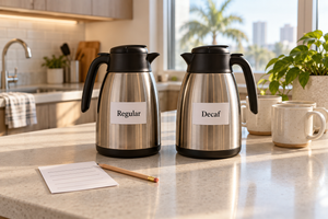 Two coffee carafes labeled Regular and Decaf beside a planning card in a shared office kitchen.
