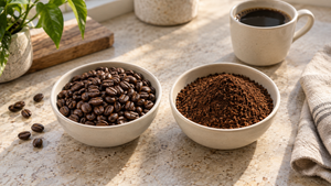 Whole coffee beans and ground coffee in ceramic bowls beside a cup of black coffee