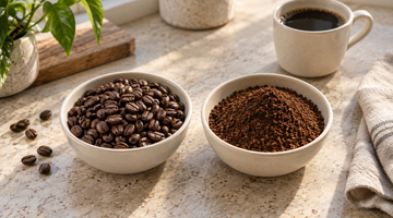 Whole coffee beans and ground coffee in ceramic bowls beside a cup of black coffee